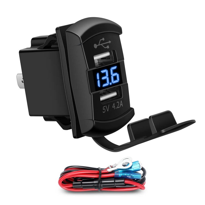 cnaodun 4.2A USB Rocker Switch Dual USB Charger Socket with Waterproof Cover Blue Led Voltmeter for Rocker Type Marine Switch Panel On Marine Rv Vehicles… - Image 1